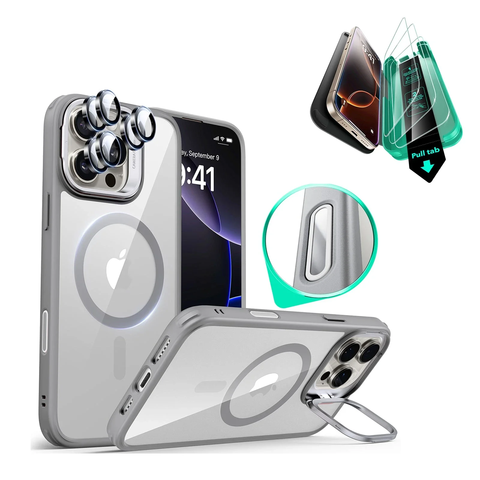 ESR Classic Hybrid Case with Stash Stand (HaloLock) [iPhone 16 Pro Max Compatible, Clear Grey]